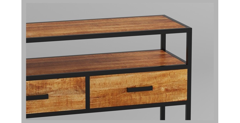 Console de salon avec tiroir et étagère de style industriel en bois massif exotique de Mangolia. Collection MADEIRO
