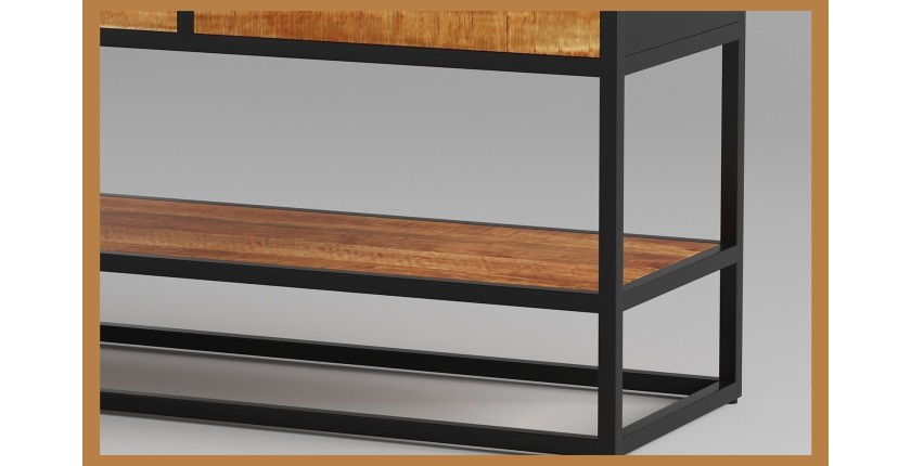 Console de salon avec tiroir et étagère de style industriel en bois massif exotique de Mangolia. Collection MADEIRO