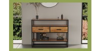 Console de salon avec tiroir et étagère de style industriel en bois massif exotique de Mangolia. Collection MADEIRO