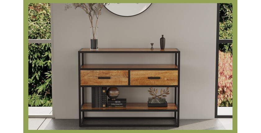 Console de salon avec tiroir et étagère de style industriel en bois massif exotique de Mangolia. Collection MADEIRO
