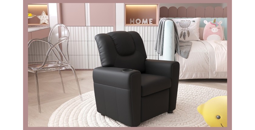 Mini fauteuil relax ITCHI relevable manuellement matière PU couleur noir, idéal pour un salon confortable.