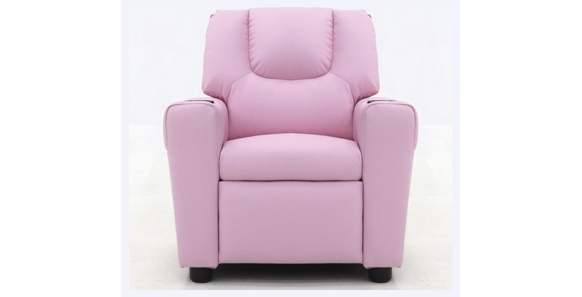 Mini fauteuil relax ITCHI relevable manuellement matière PU couleur rose, idéal pour un salon confortable