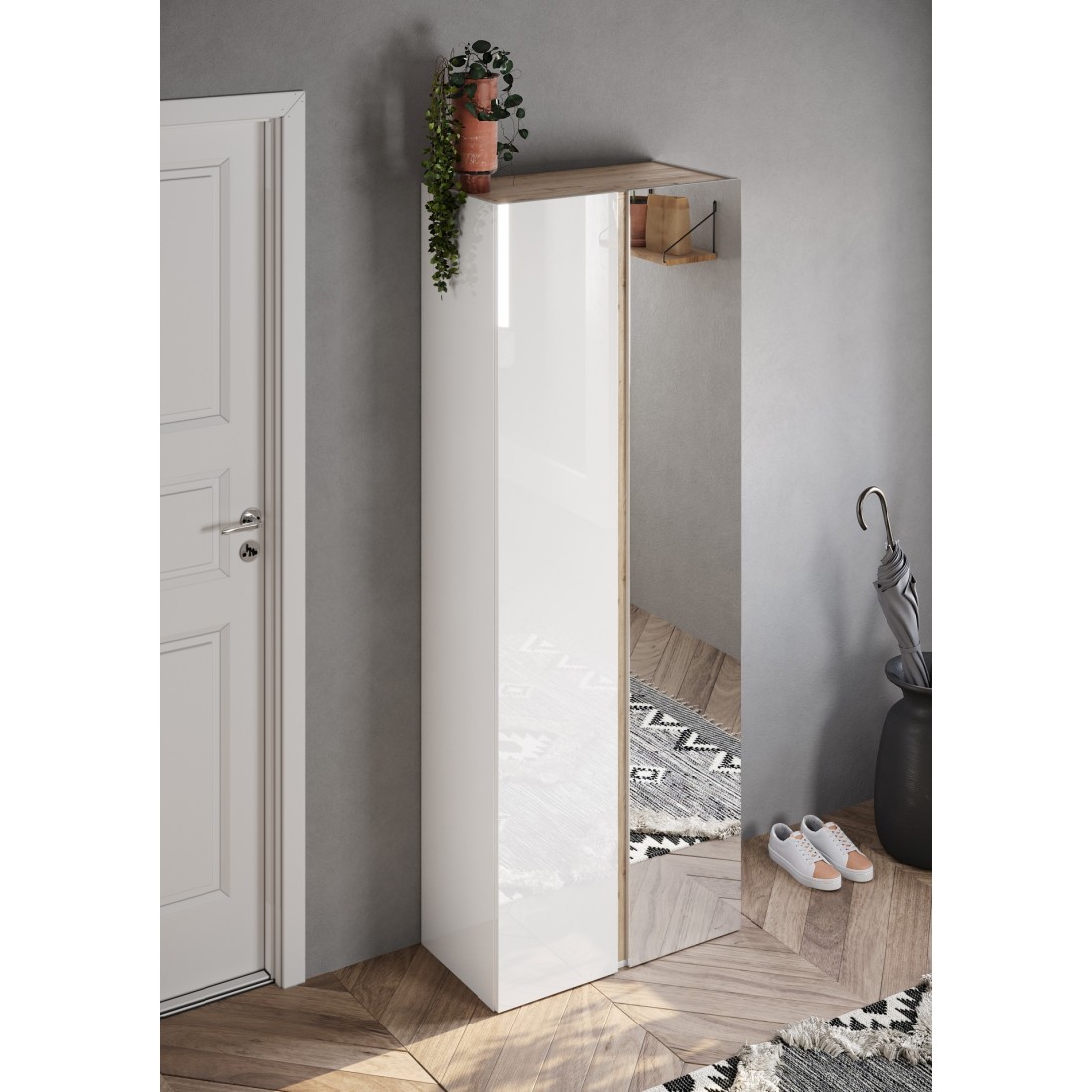Meuble à chaussures avec 8 étagères réglables, collection KEY, coloris blanc brillant laqué et chêne cadiz