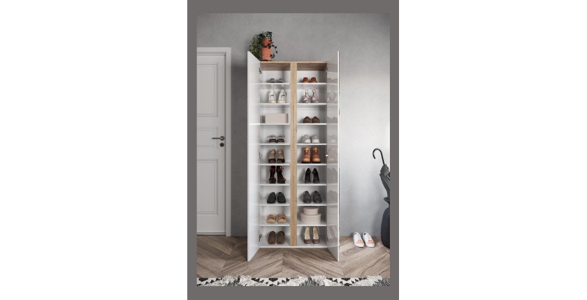 Meuble à chaussures avec 8 étagères réglables, collection KEY, coloris blanc brillant laqué et chêne cadiz
