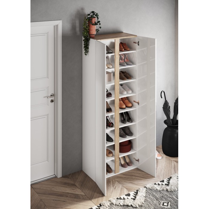 Meuble à chaussures avec 8 étagères réglables, collection KEY, coloris blanc brillant laqué et chêne cadiz
