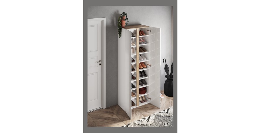 Meuble à chaussures avec 8 étagères réglables, collection KEY, coloris blanc brillant laqué et chêne cadiz