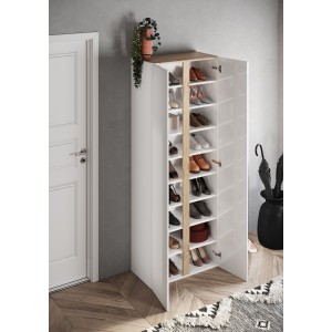 Meuble à chaussures avec 8 étagères réglables, collection KEY, coloris blanc brillant laqué et chêne cadiz