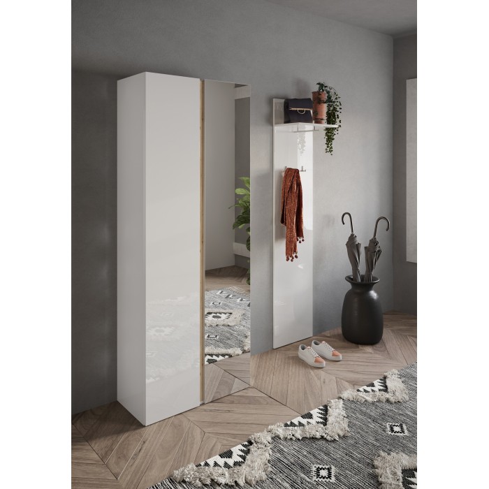 Meuble à chaussures avec 8 étagères réglables, collection KEY, coloris blanc brillant laqué et chêne cadiz