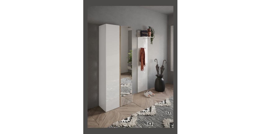 Meuble à chaussures avec 8 étagères réglables, collection KEY, coloris blanc brillant laqué et chêne cadiz