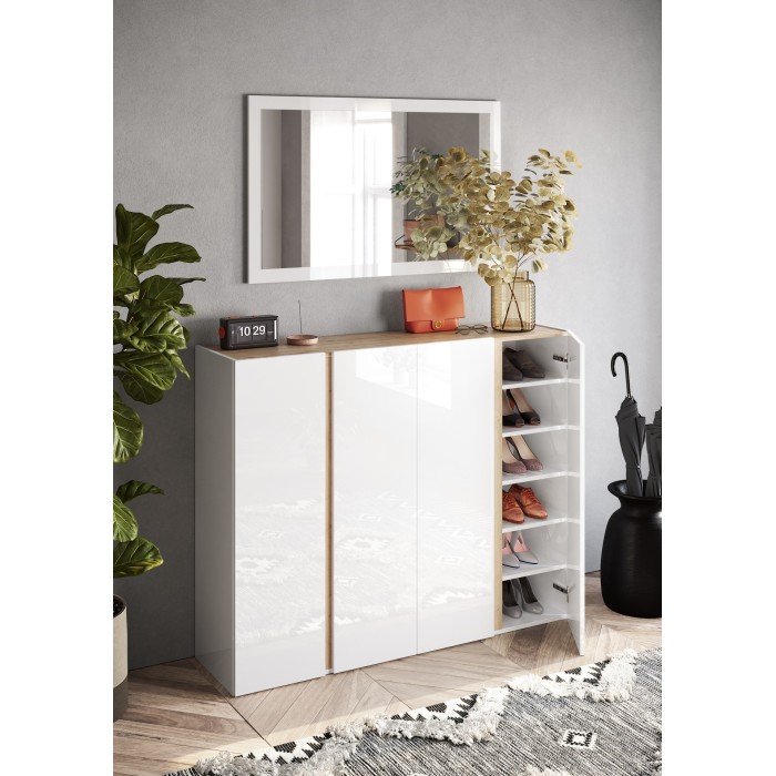 Meuble de rangement 4 portes 10 étagères réglables, collection KEY, coloris blanc laqué brillant et chêne cadiz