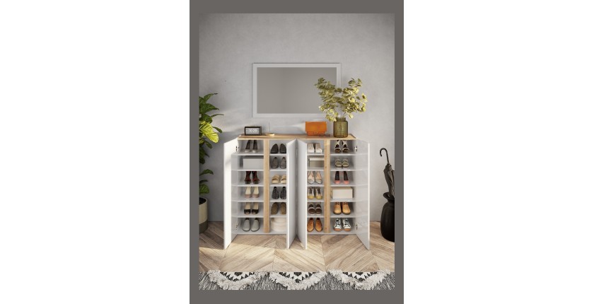 Meuble de rangement 4 portes 10 étagères réglables, collection KEY, coloris blanc laqué brillant et chêne cadiz
