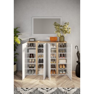 Meuble de rangement 4 portes 10 étagères réglables, collection KEY, coloris blanc laqué brillant et chêne cadiz