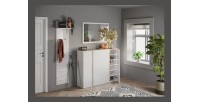 Meuble de rangement 4 portes 10 étagères réglables, collection KEY, coloris blanc laqué brillant et chêne cadiz
