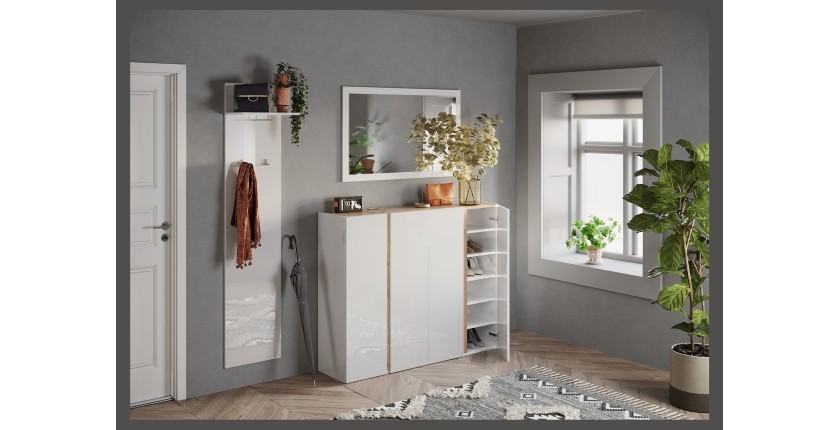 Meuble de rangement 4 portes 10 étagères réglables, collection KEY, coloris blanc laqué brillant et chêne cadiz