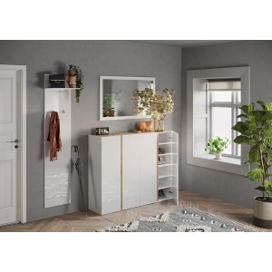 Meuble de rangement 4 portes 10 étagères réglables, collection KEY, coloris blanc laqué brillant et chêne cadiz