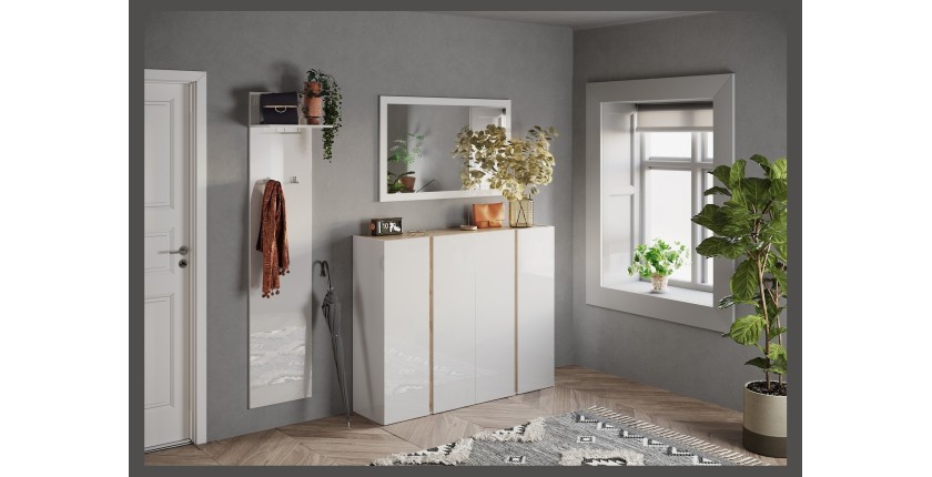 Meuble de rangement 4 portes 10 étagères réglables, collection KEY, coloris blanc laqué brillant et chêne cadiz