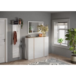 Meuble de rangement 4 portes 10 étagères réglables, collection KEY, coloris blanc laqué brillant et chêne cadiz