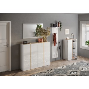 Meuble de rangement 4 portes 10 étagères réglables, collection KEY, coloris blanc laqué brillant et chêne cadiz
