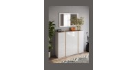 Meuble de rangement 4 portes 10 étagères réglables, collection KEY, coloris blanc laqué brillant et chêne cadiz
