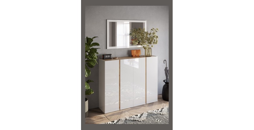 Meuble de rangement 4 portes 10 étagères réglables, collection KEY, coloris blanc laqué brillant et chêne cadiz