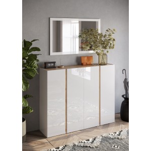 Meuble de rangement 4 portes 10 étagères réglables, collection KEY, coloris blanc laqué brillant et chêne cadiz