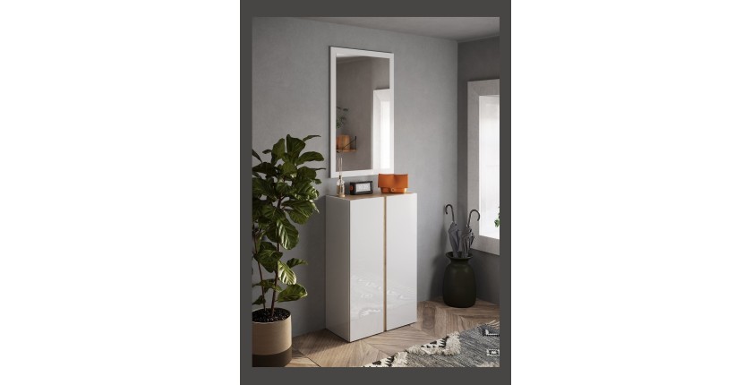 Meuble de rangement 2 portes 5 étagères réglables, collection KEY, coloris blanc laqué brillant et chêne cadiz