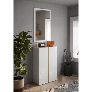 Meuble de rangement 2 portes 5 étagères réglables, collection KEY, coloris blanc laqué brillant et chêne cadiz