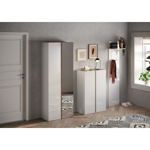 Meuble de rangement 2 portes 5 étagères réglables, collection KEY, coloris blanc laqué brillant et chêne cadiz