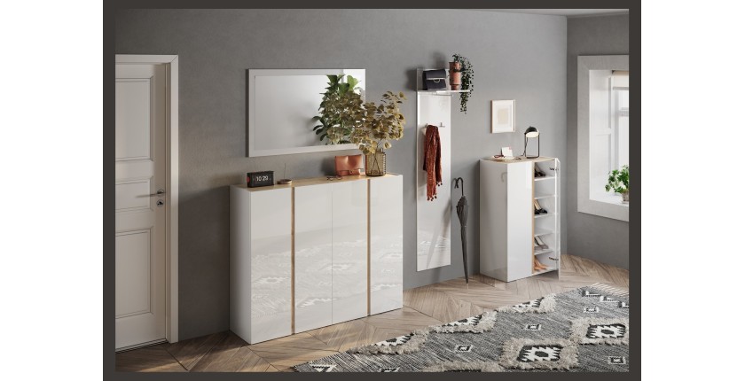 Meuble de rangement 2 portes 5 étagères réglables, collection KEY, coloris blanc laqué brillant et chêne cadiz