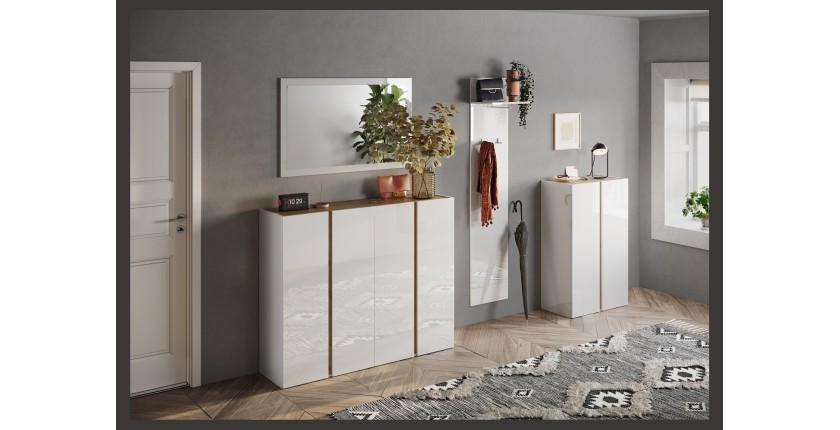 Meuble de rangement 2 portes 5 étagères réglables, collection KEY, coloris blanc laqué brillant et chêne cadiz