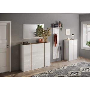 Meuble de rangement 2 portes 5 étagères réglables, collection KEY, coloris blanc laqué brillant et chêne cadiz