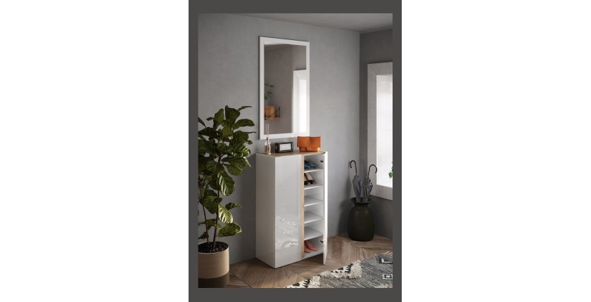 Meuble de rangement 2 portes 5 étagères réglables, collection KEY, coloris blanc laqué brillant et chêne cadiz