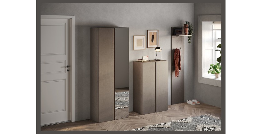 Armoire de rangement 2 portes 1 miroir avec 8 étagères réglables, collection KEY, coloris marron et chêne