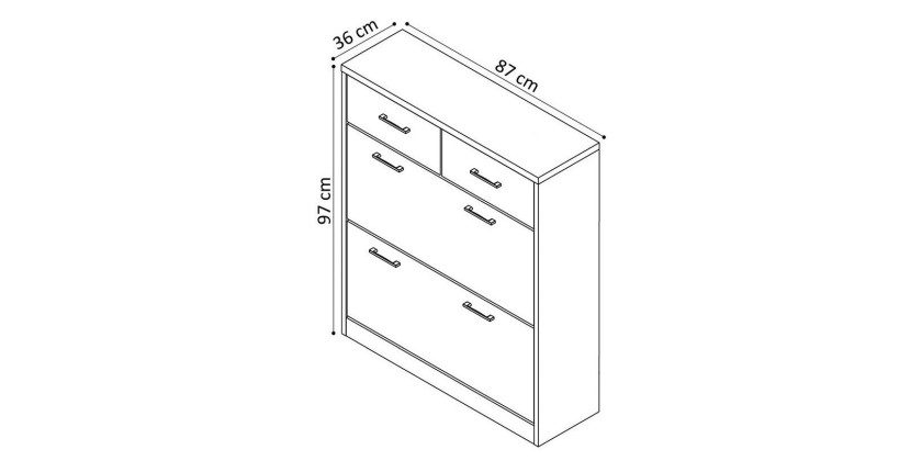 Meuble à chaussures SPACE, 2 portes et 2 tiroirs, coloris chêne gris, idéal pour une entrée pratique