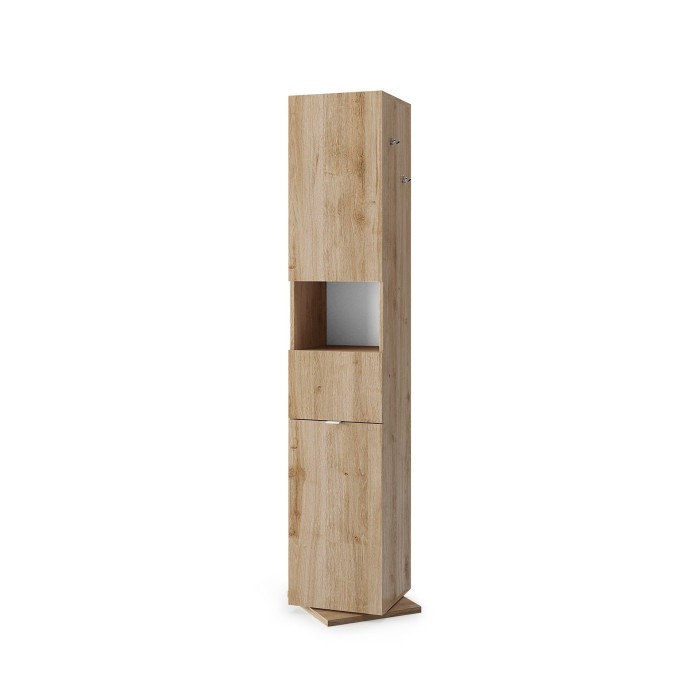 Colonne de salle de bain tournante avec miroir, 2 portes et 1 tiroir, collection BURA. Coloris chêne clair
