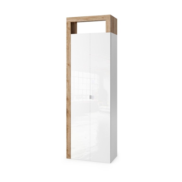 Armoire de salle de bains, 2 portes, collection BURA. Coloris blanc brillant laqué et chêne clair