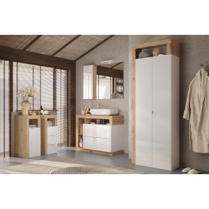 Armoire de salle de bains, 2 portes, collection BURA. Coloris blanc brillant laqué et chêne clair