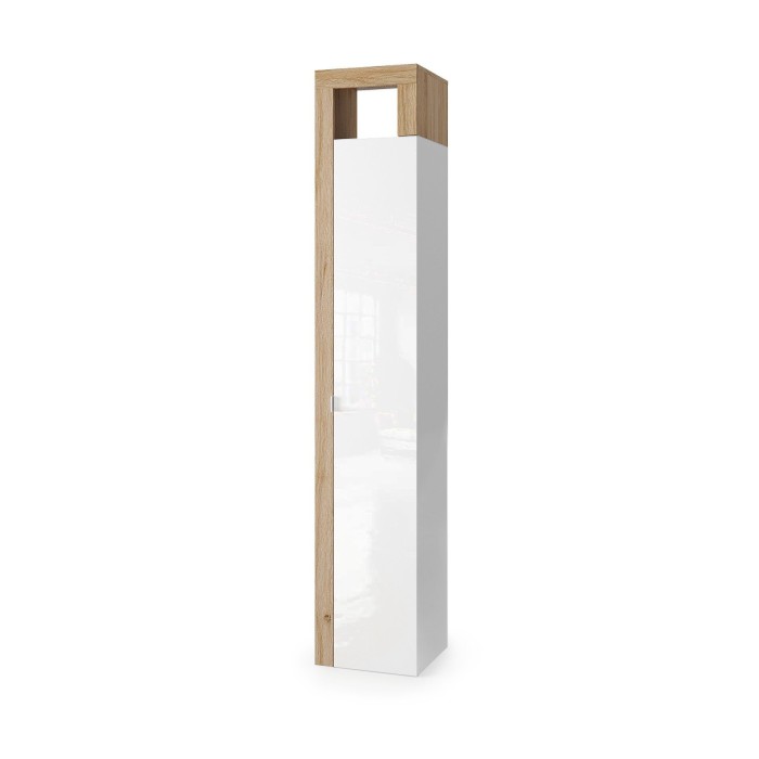 Armoire de salle de bains, 1 porte, 5 étagères, collection BURA. Coloris blanc brillant laqué et chêne clair