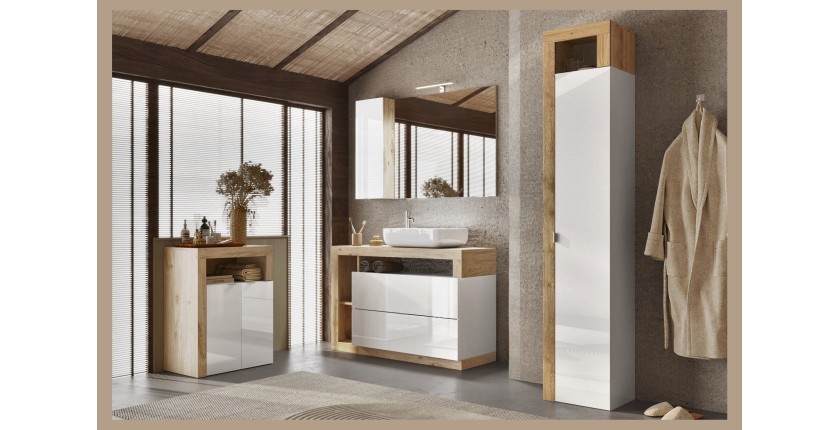 Meuble de salle de bains, 2 portes et 2 étagères, collection BURA. Coloris blanc brillant laqué et chêne clair