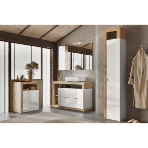 Meuble de salle de bains, 2 portes et 2 étagères, collection BURA. Coloris blanc brillant laqué et chêne clair
