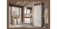 Meuble de salle de bains, 1 porte, collection BURA. Coloris blanc brillant laqué et chêne clair