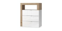 Commode de salle de bains large 64cm, 3 tiroirs, collection BURA. Coloris blanc brillant laqué et chêne clair