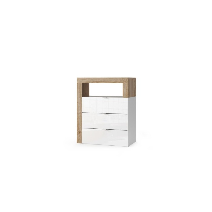 Commode de salle de bains large 64cm, 3 tiroirs, collection BURA. Coloris blanc brillant laqué et chêne clair
