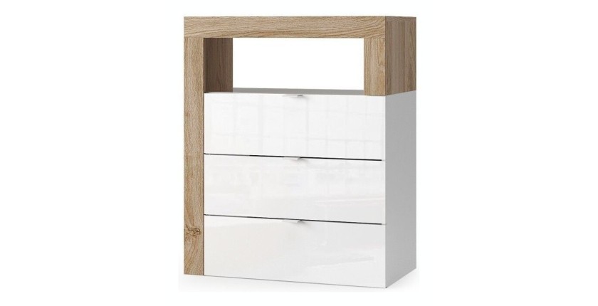 Commode de salle de bains large 64cm, 3 tiroirs, collection BURA. Coloris blanc brillant laqué et chêne clair