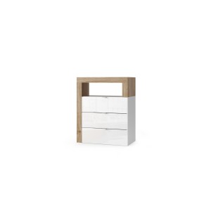 Commode de salle de bains large 64cm, 3 tiroirs, collection BURA. Coloris blanc brillant laqué et chêne clair
