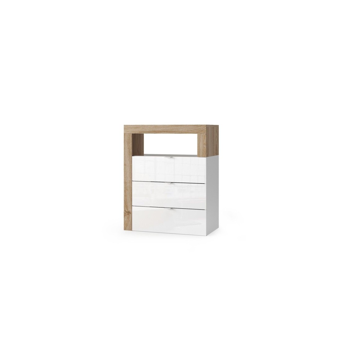 Commode de salle de bains large 64cm, 3 tiroirs, collection BURA. Coloris blanc brillant laqué et chêne clair