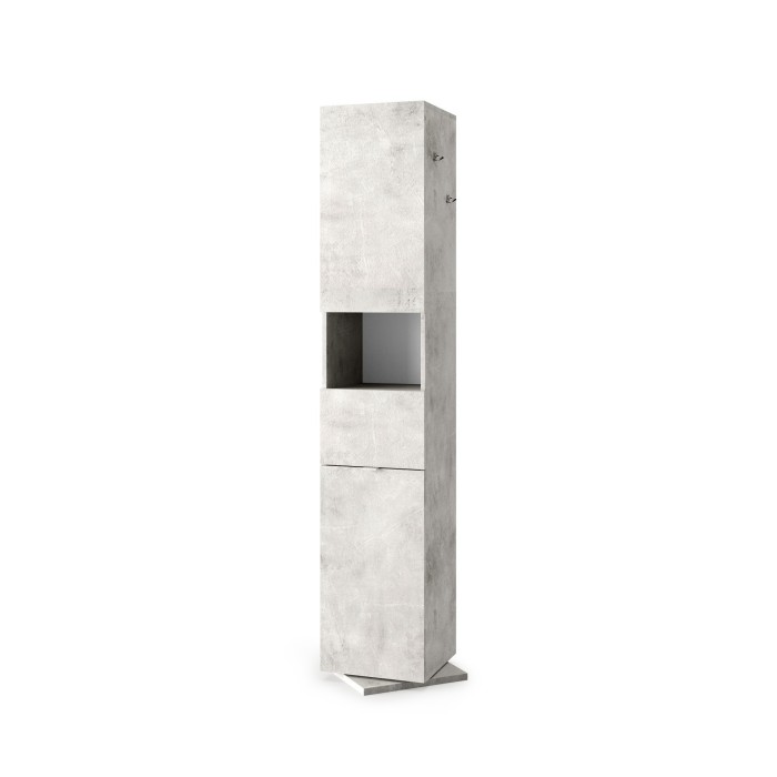 Colonne de salle de bain tournante avec miroir, 2 portes et 1 tiroir, collection BURA. Coloris gris aspect béton