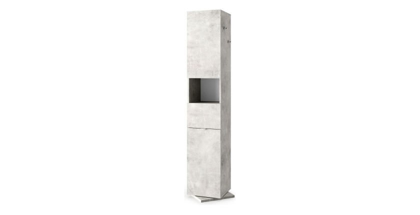 Colonne de salle de bain tournante avec miroir, 2 portes et 1 tiroir, collection BURA. Coloris gris aspect béton