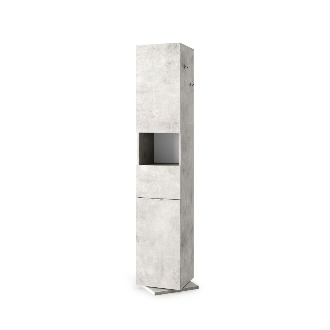 Colonne de salle de bain tournante avec miroir, 2 portes et 1 tiroir, collection BURA. Coloris gris aspect béton