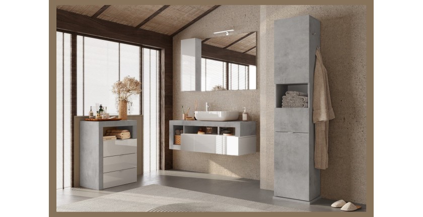 Colonne de salle de bain tournante avec miroir, 2 portes et 1 tiroir, collection BURA. Coloris gris aspect béton